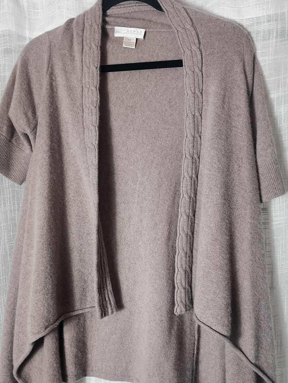 Kenar Cashmere Taupe Open-Front Cardigan with Cable Trim Size XS